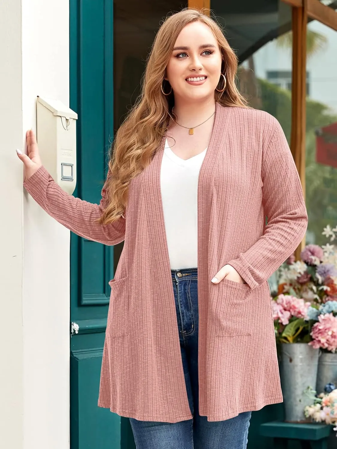 LARACE Open Front Knit Cardigan Sweaters for Women Plus Size Long Sleeve Tops with Pockets Lightweight for Winter