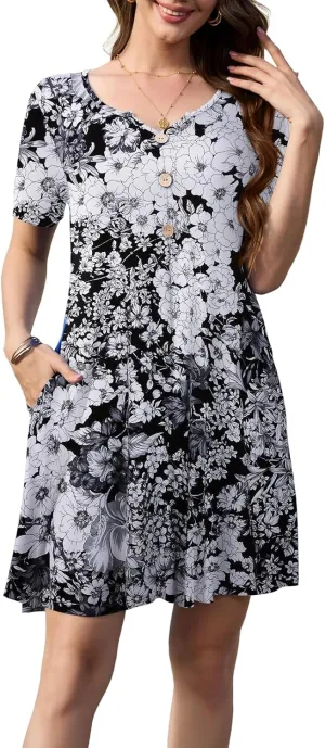 LARACE Womens Summer Dresses Plus Size Swimwear Cover Up Casual V Neck Button Up Short Sleeve Mini Dress with Pockets