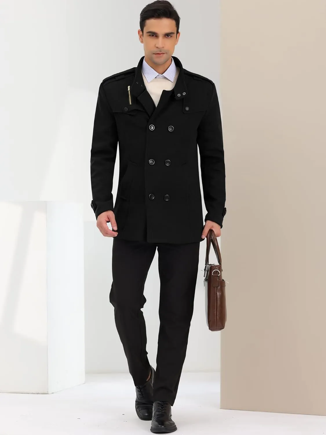 Lars Amadeus Men's Pea Coats Stand Collar Double Breasted Notch Lapel Winter Trench Coat