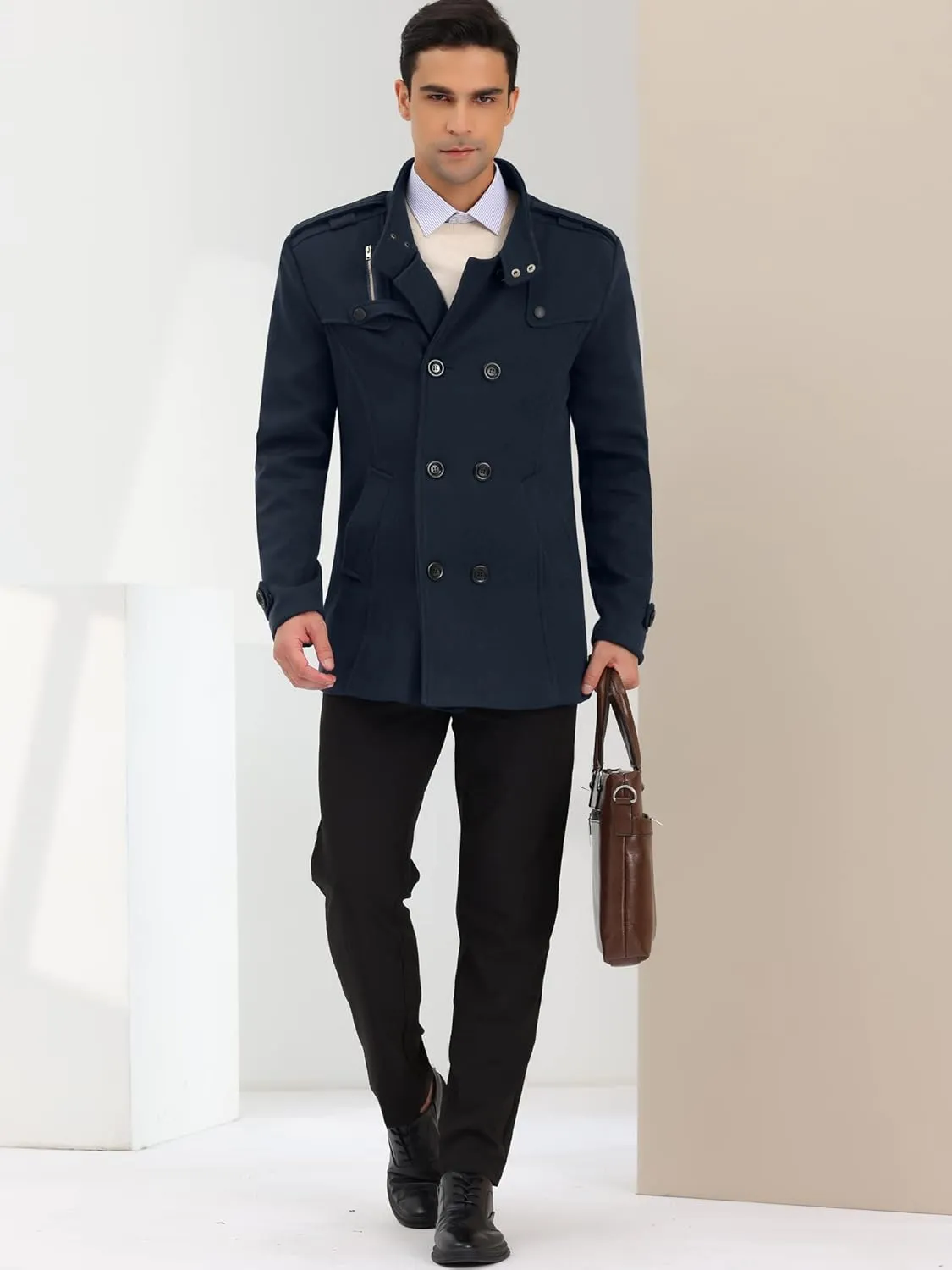 Lars Amadeus Men's Pea Coats Stand Collar Double Breasted Notch Lapel Winter Trench Coat