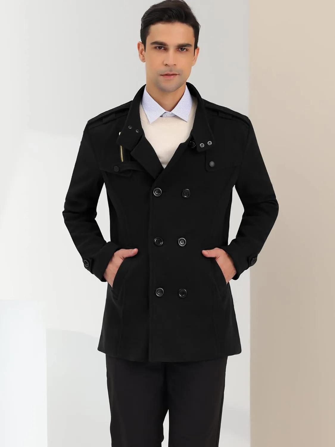 Lars Amadeus Men's Pea Coats Stand Collar Double Breasted Notch Lapel Winter Trench Coat