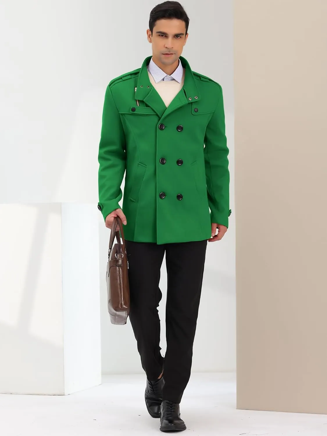 Lars Amadeus Men's Pea Coats Stand Collar Double Breasted Notch Lapel Winter Trench Coat