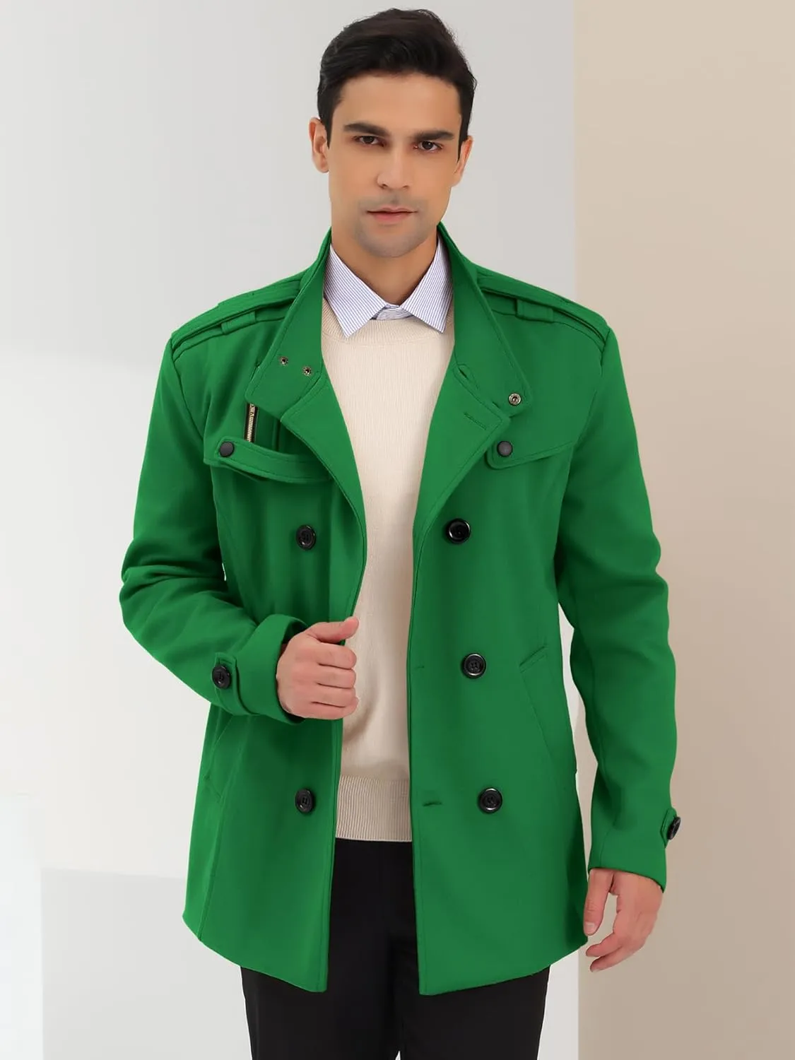 Lars Amadeus Men's Pea Coats Stand Collar Double Breasted Notch Lapel Winter Trench Coat