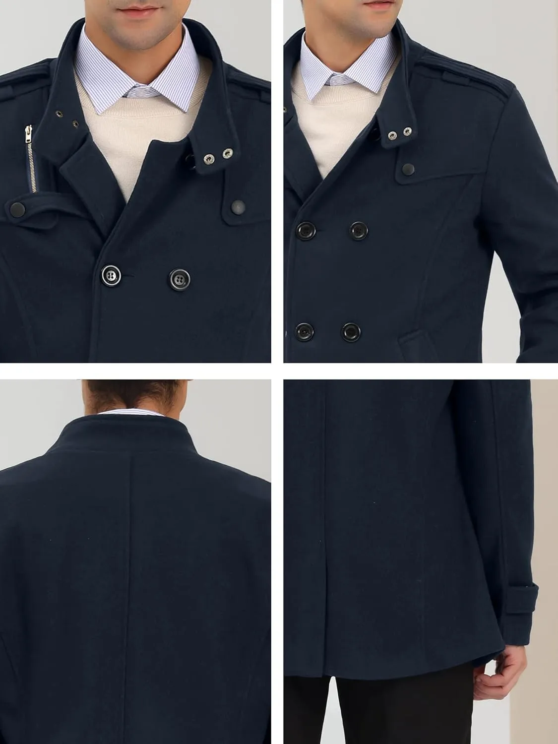 Lars Amadeus Men's Pea Coats Stand Collar Double Breasted Notch Lapel Winter Trench Coat
