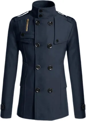 Lars Amadeus Men's Pea Coats Stand Collar Double Breasted Notch Lapel Winter Trench Coat