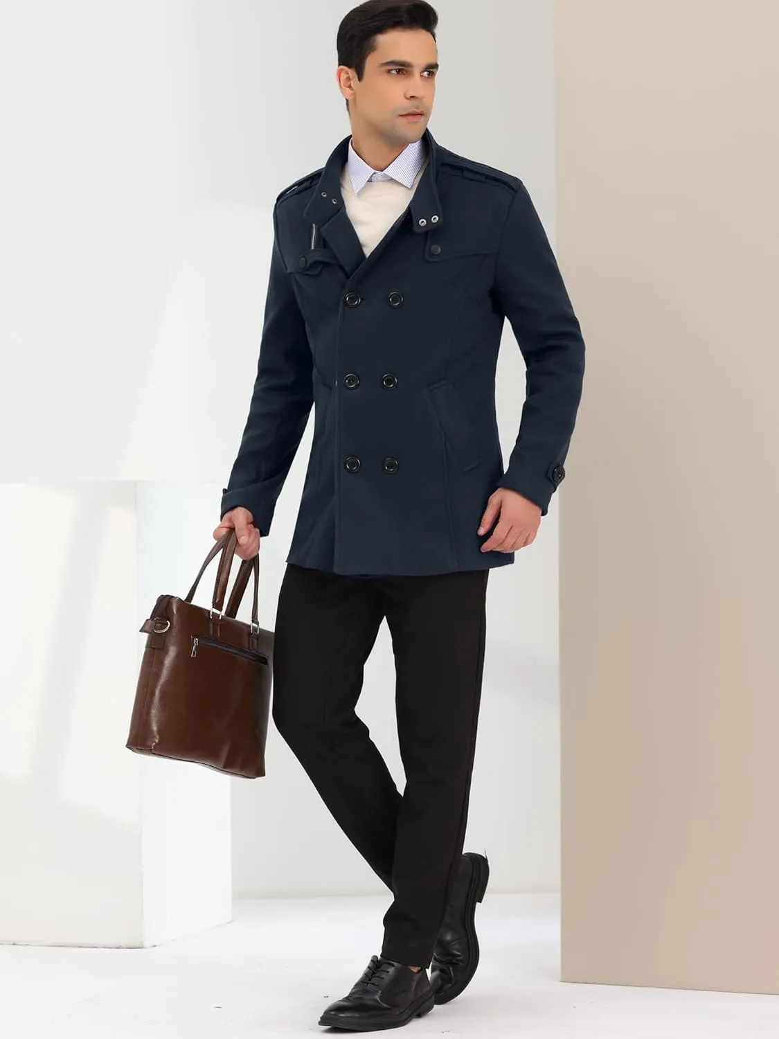 Lars Amadeus Men's Pea Coats Stand Collar Double Breasted Notch Lapel Winter Trench Coat