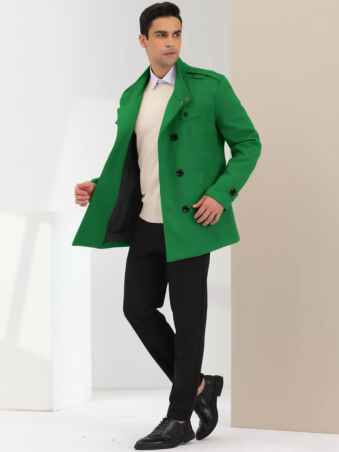 Lars Amadeus Men's Pea Coats Stand Collar Double Breasted Notch Lapel Winter Trench Coat