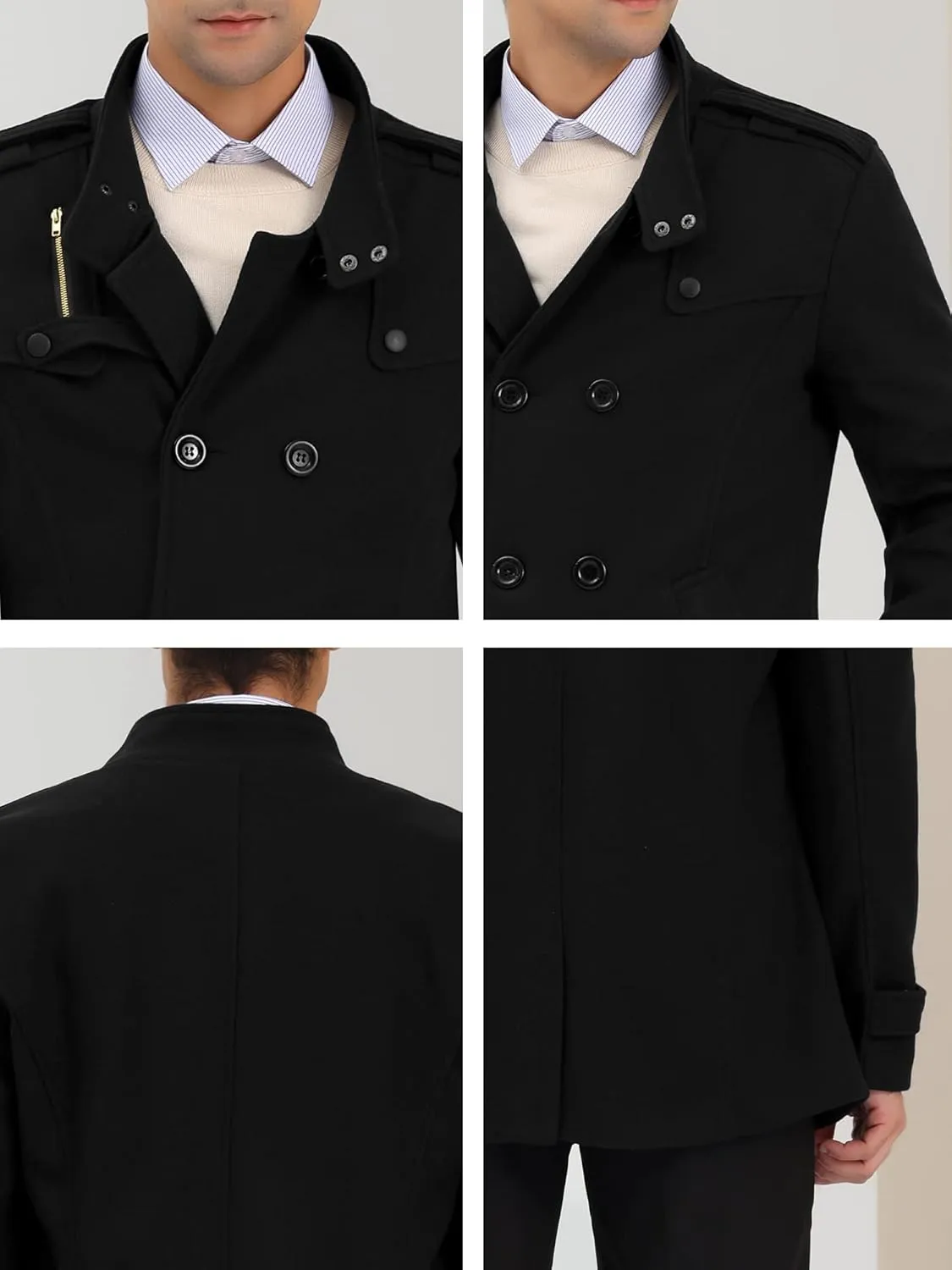 Lars Amadeus Men's Pea Coats Stand Collar Double Breasted Notch Lapel Winter Trench Coat