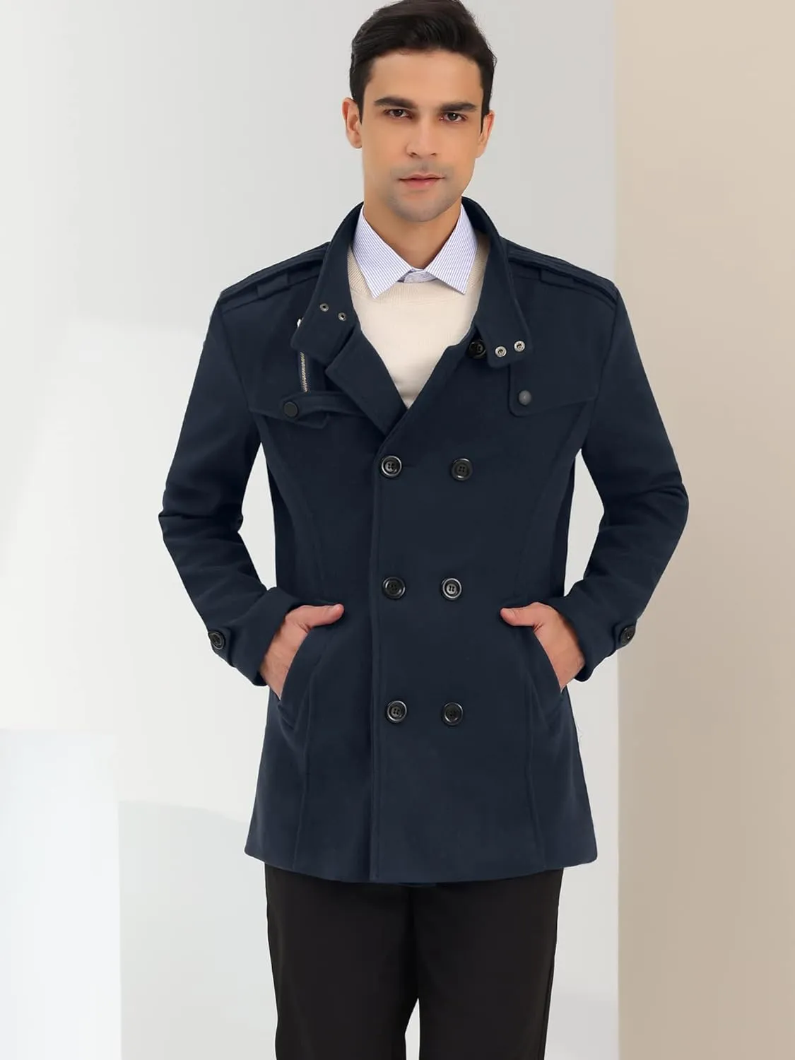 Lars Amadeus Men's Pea Coats Stand Collar Double Breasted Notch Lapel Winter Trench Coat