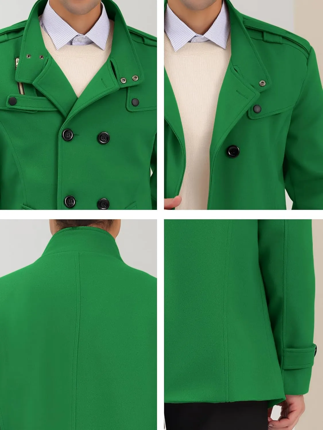 Lars Amadeus Men's Pea Coats Stand Collar Double Breasted Notch Lapel Winter Trench Coat