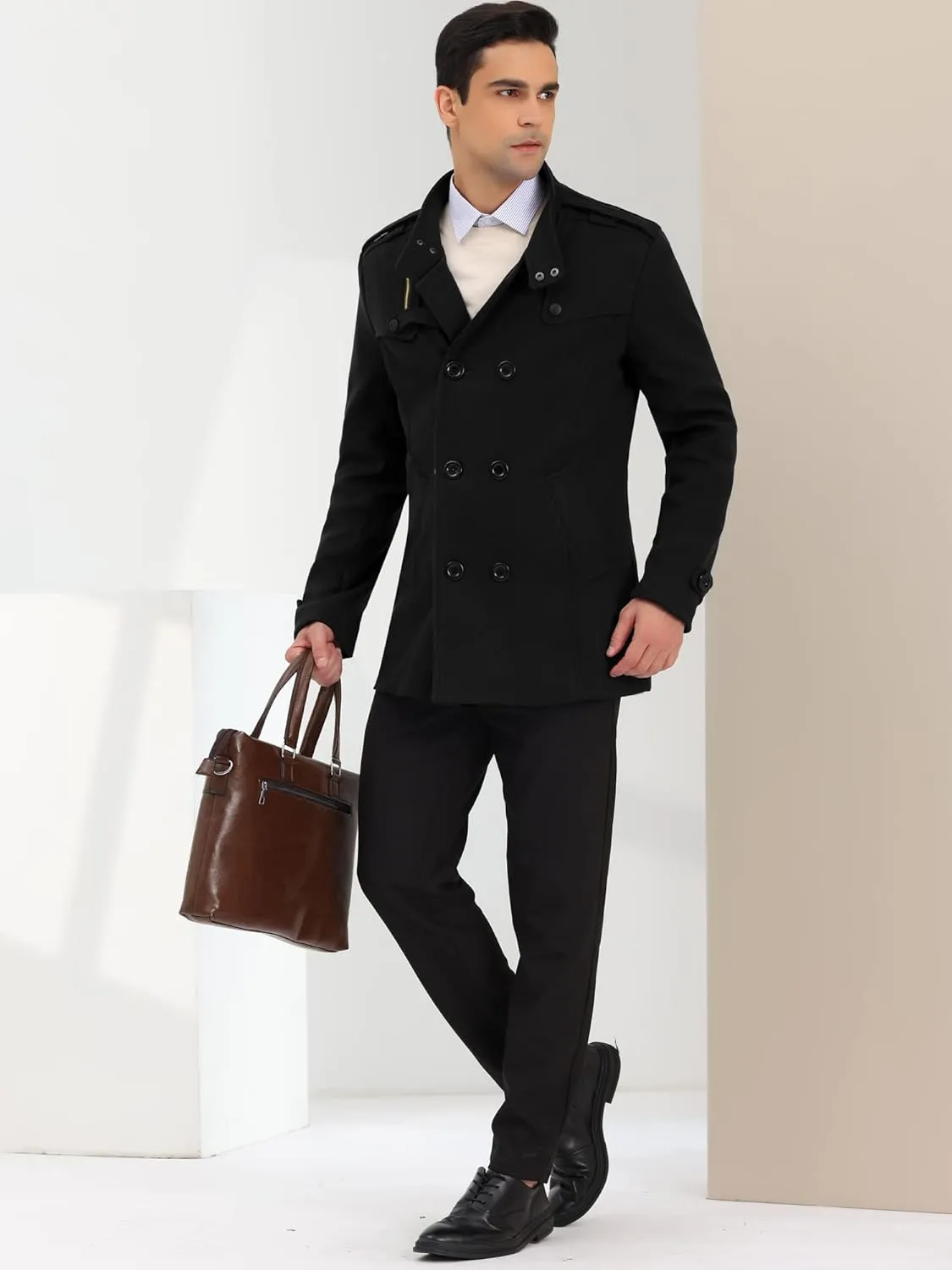 Lars Amadeus Men's Pea Coats Stand Collar Double Breasted Notch Lapel Winter Trench Coat