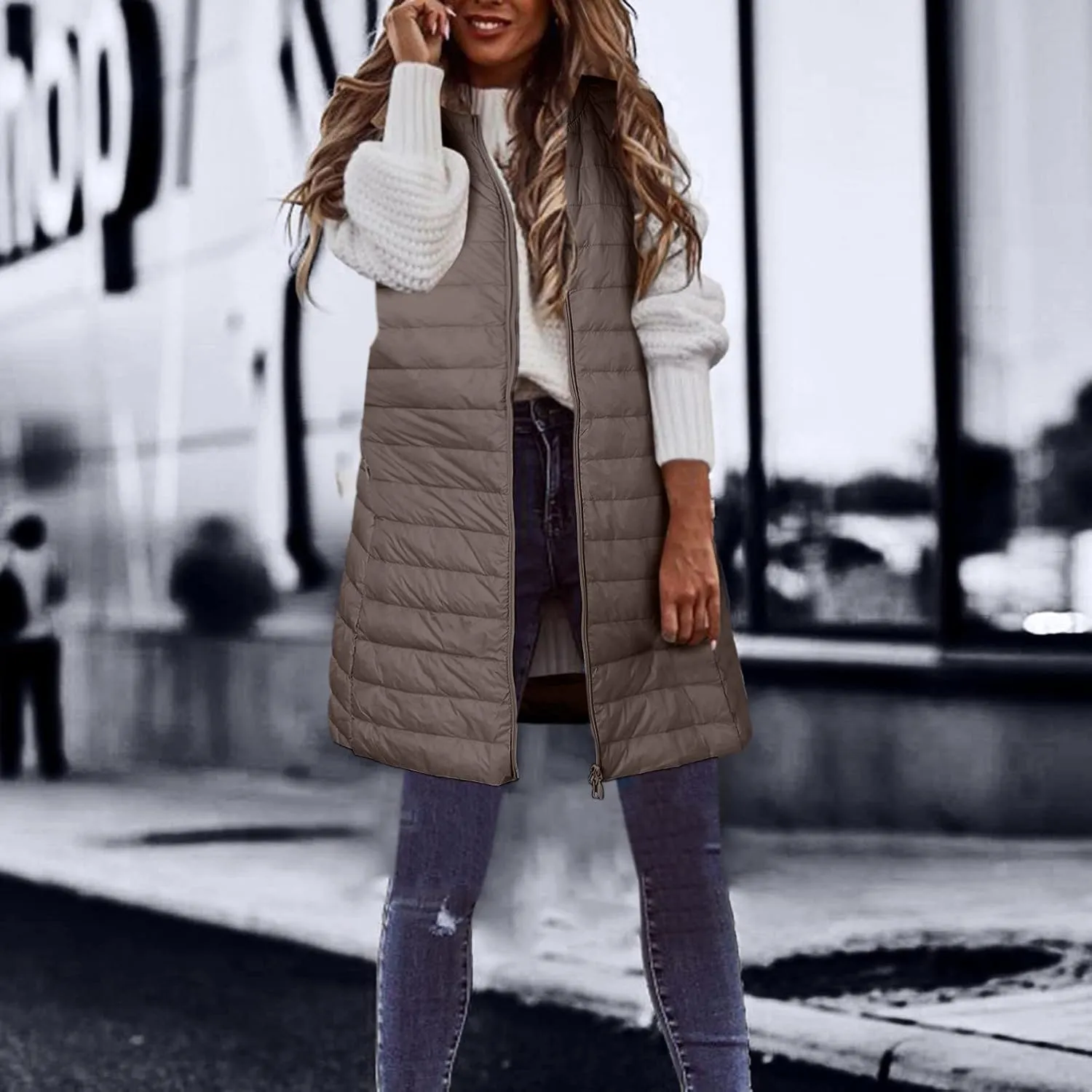 LCMTWX Womens Puffer Vest Long Winter Thin And Light Down Coat Casual Down Coat Slim Cotton Sleeveless Puffy Jacket with