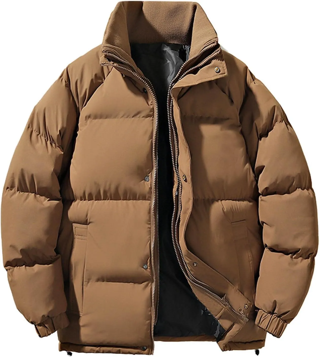 lcziwo Mens Oversized Winter Puffer Jacket Double Zipper Stand Collar Warm Quilted Coat Thick Outdoor Cotton-Padded Jacket