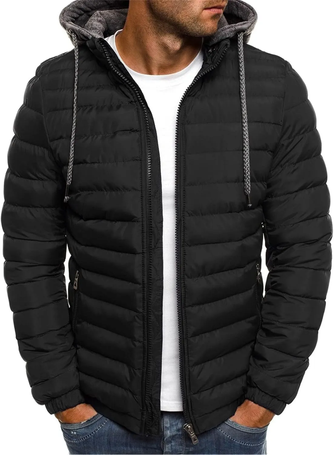 lcziwo Men's Winter Jacket Big and Tall Lightweight Zip up Puffer Quilted Jackets Casual Loose Padded Warm Hooded Coats