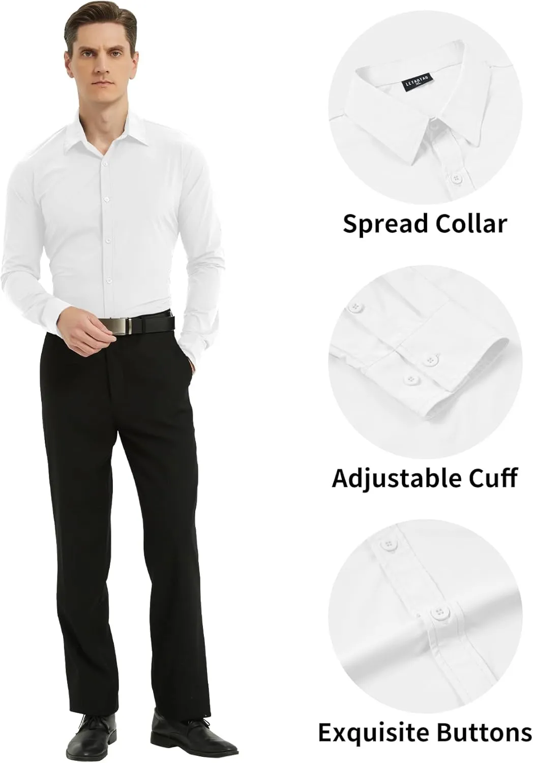 LETAOTAO Men Stretch Dress Shirts Slim Fit Solid Long Sleeve Wrinkle-Free Button Down Shirt for Men Casual Business Formal