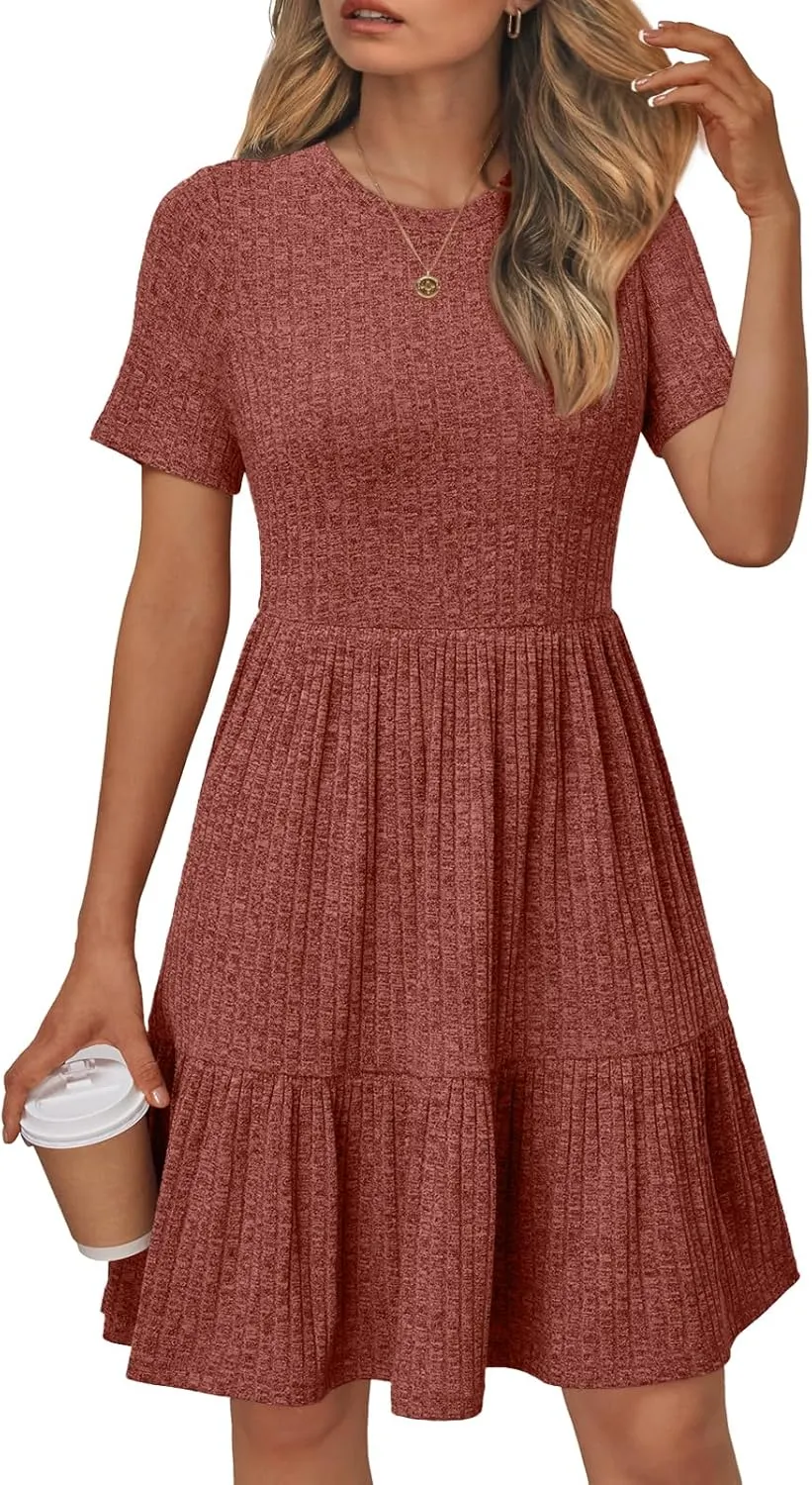 LILLUSORY Women Summer Casual Dresses Short Sleeve Crewneck Knit Beach Sundress Flowy Mini Dress Vacation Outfits 2025