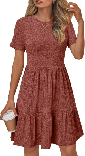 LILLUSORY Women Summer Casual Dresses Short Sleeve Crewneck Knit Beach Sundress Flowy Mini Dress Vacation Outfits 2025