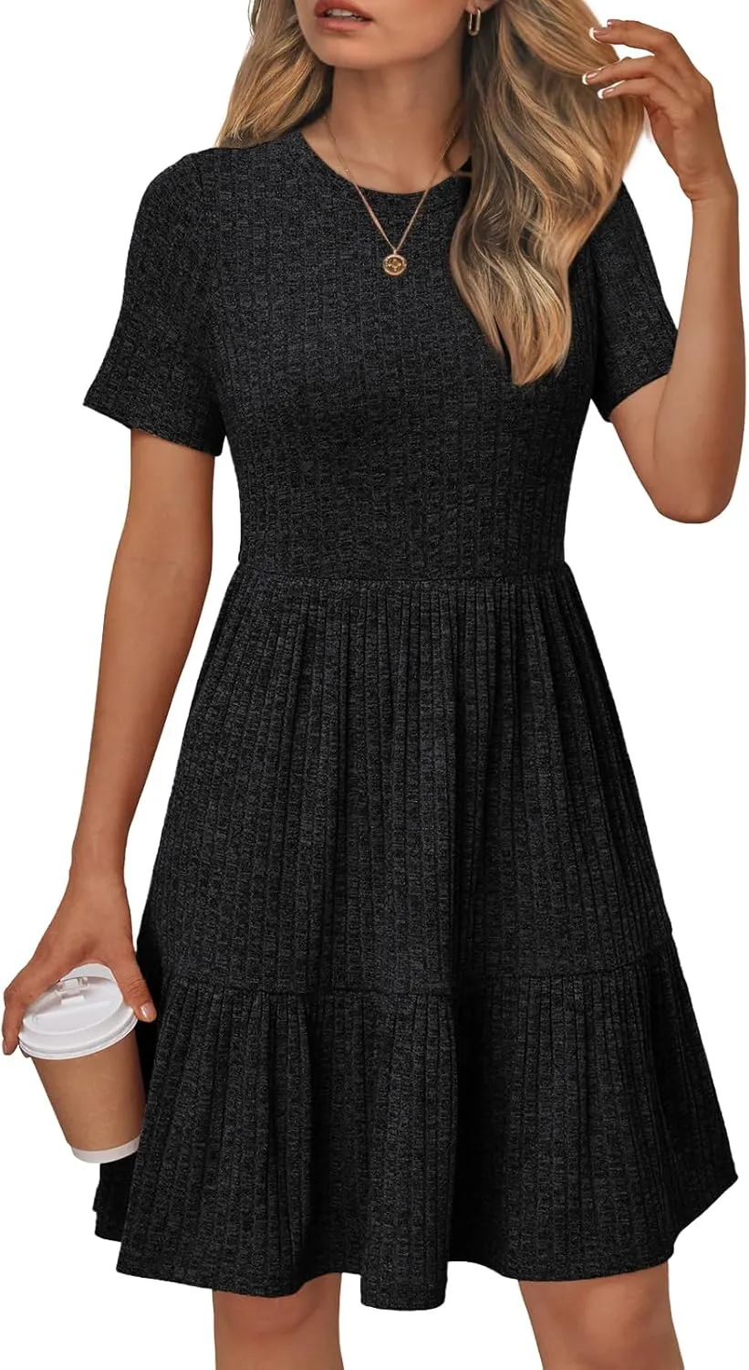 LILLUSORY Women Summer Casual Dresses Short Sleeve Crewneck Knit Beach Sundress Flowy Mini Dress Vacation Outfits 2025