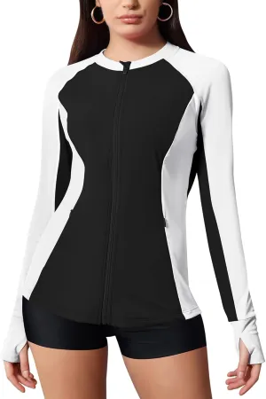 LOMON Women's Rash Guard UPF 50  Sun Protective Athletic Shirt Quick Dry Zipper Long Sleeve Swim Shirt