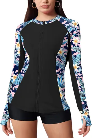 LOMON Women's Rash Guard UPF 50  Sun Protective Athletic Shirt Quick Dry Zipper Long Sleeve Swim Shirt