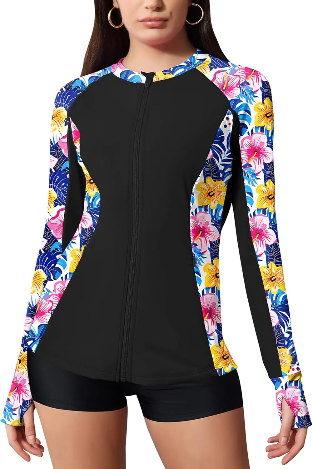 LOMON Women's Rash Guard UPF 50  Sun Protective Athletic Shirt Quick Dry Zipper Long Sleeve Swim Shirt