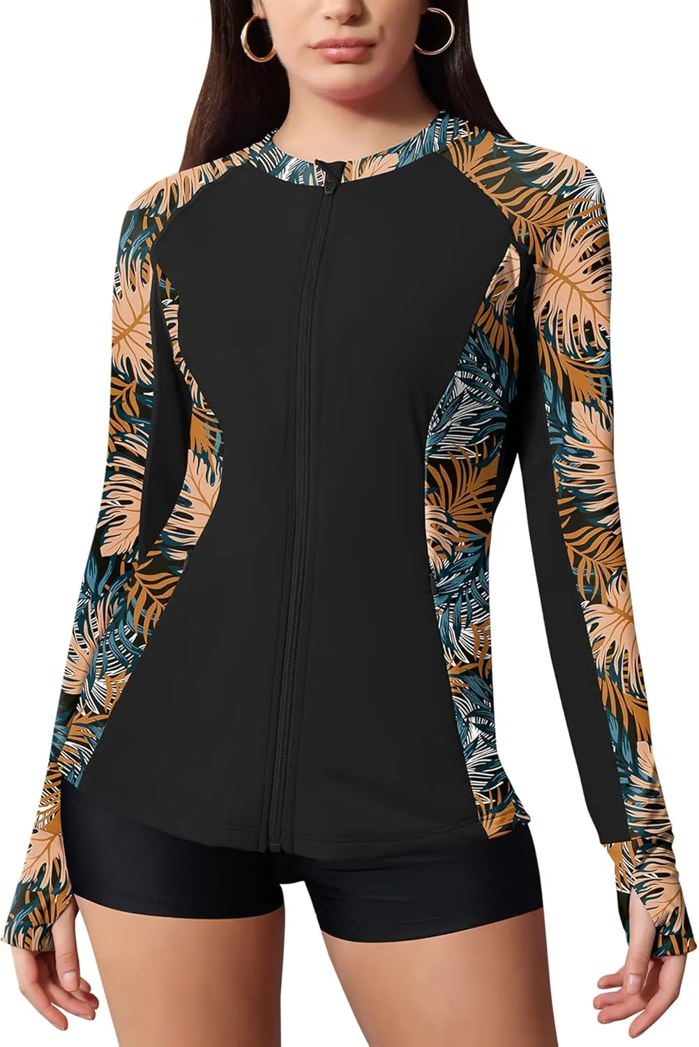 LOMON Women's Rash Guard UPF 50  Sun Protective Athletic Shirt Quick Dry Zipper Long Sleeve Swim Shirt