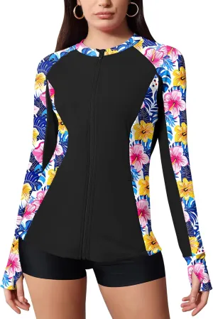 LOMON Women's Rash Guard UPF 50  Sun Protective Athletic Shirt Quick Dry Zipper Long Sleeve Swim Shirt