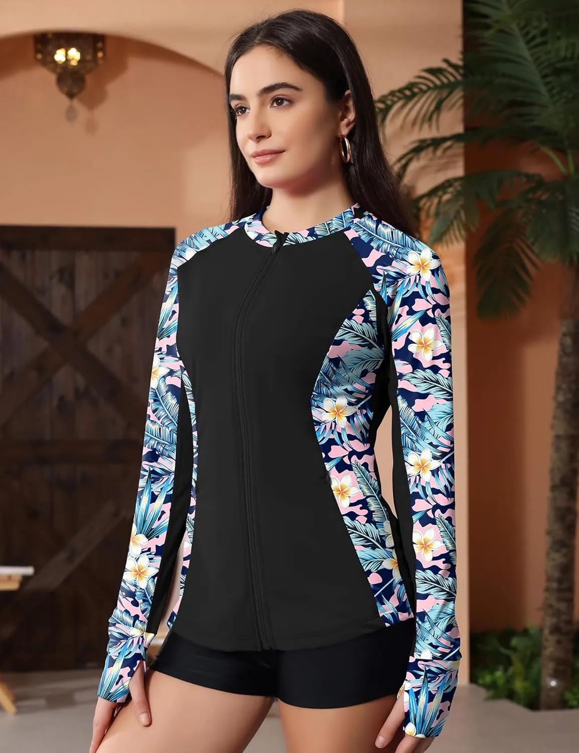 LOMON Women's Rash Guard UPF 50  Sun Protective Athletic Shirt Quick Dry Zipper Long Sleeve Swim Shirt