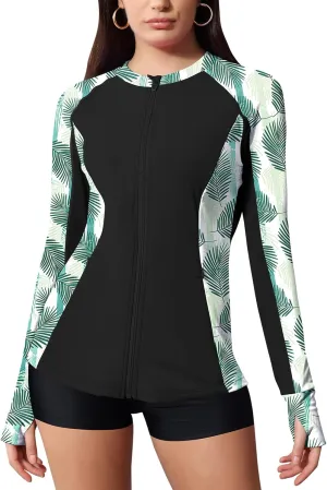 LOMON Women's Rash Guard UPF 50  Sun Protective Athletic Shirt Quick Dry Zipper Long Sleeve Swim Shirt