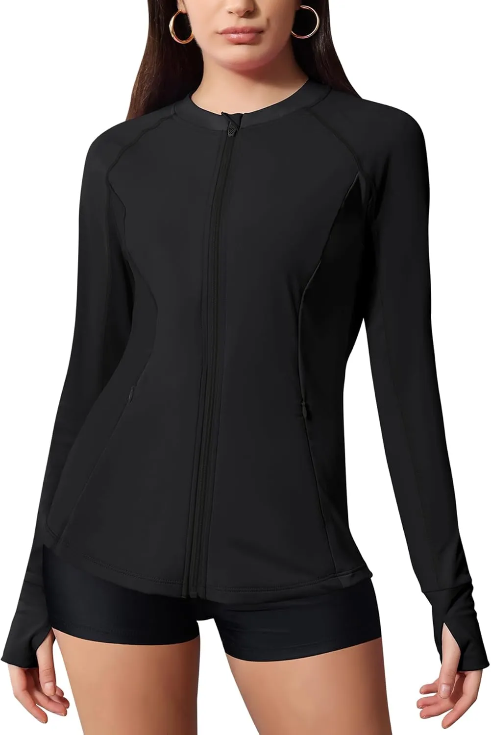 LOMON Women's Rash Guard UPF 50  Sun Protective Athletic Shirt Quick Dry Zipper Long Sleeve Swim Shirt