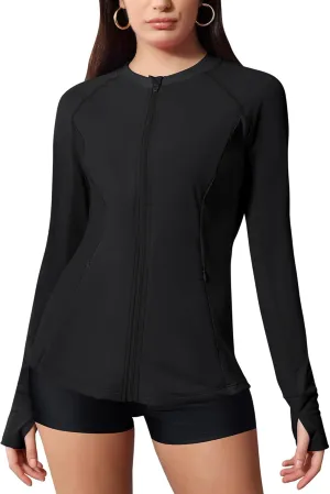 LOMON Women's Rash Guard UPF 50  Sun Protective Athletic Shirt Quick Dry Zipper Long Sleeve Swim Shirt