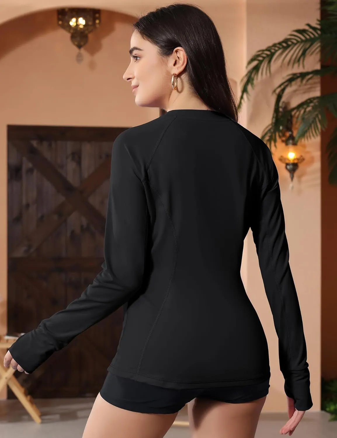 LOMON Women's Rash Guard UPF 50  Sun Protective Athletic Shirt Quick Dry Zipper Long Sleeve Swim Shirt