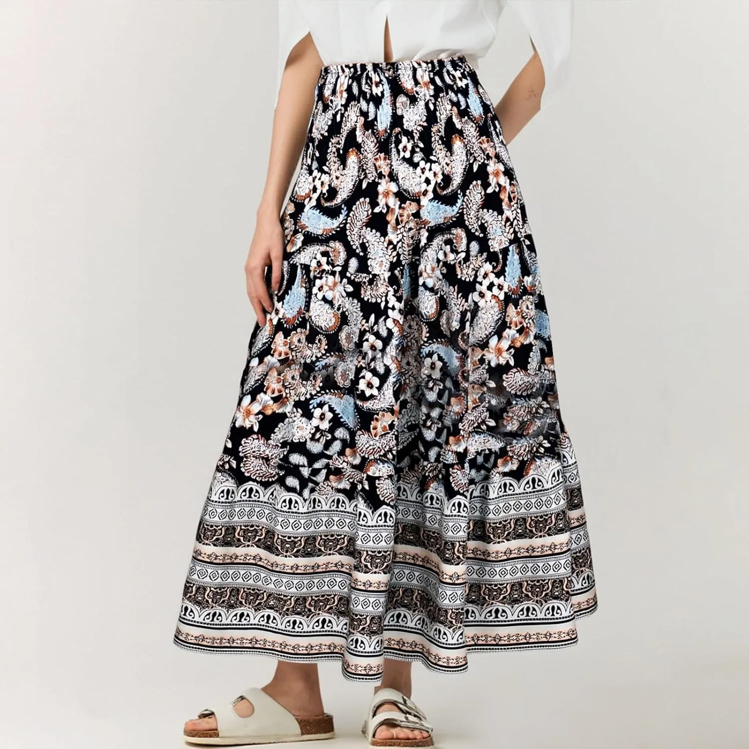 Long Flowy Skirts for Women Floral Boho Maxi Skirt Smocked Elastic High Waisted Skirts Swing A Line Tiered Skirt
