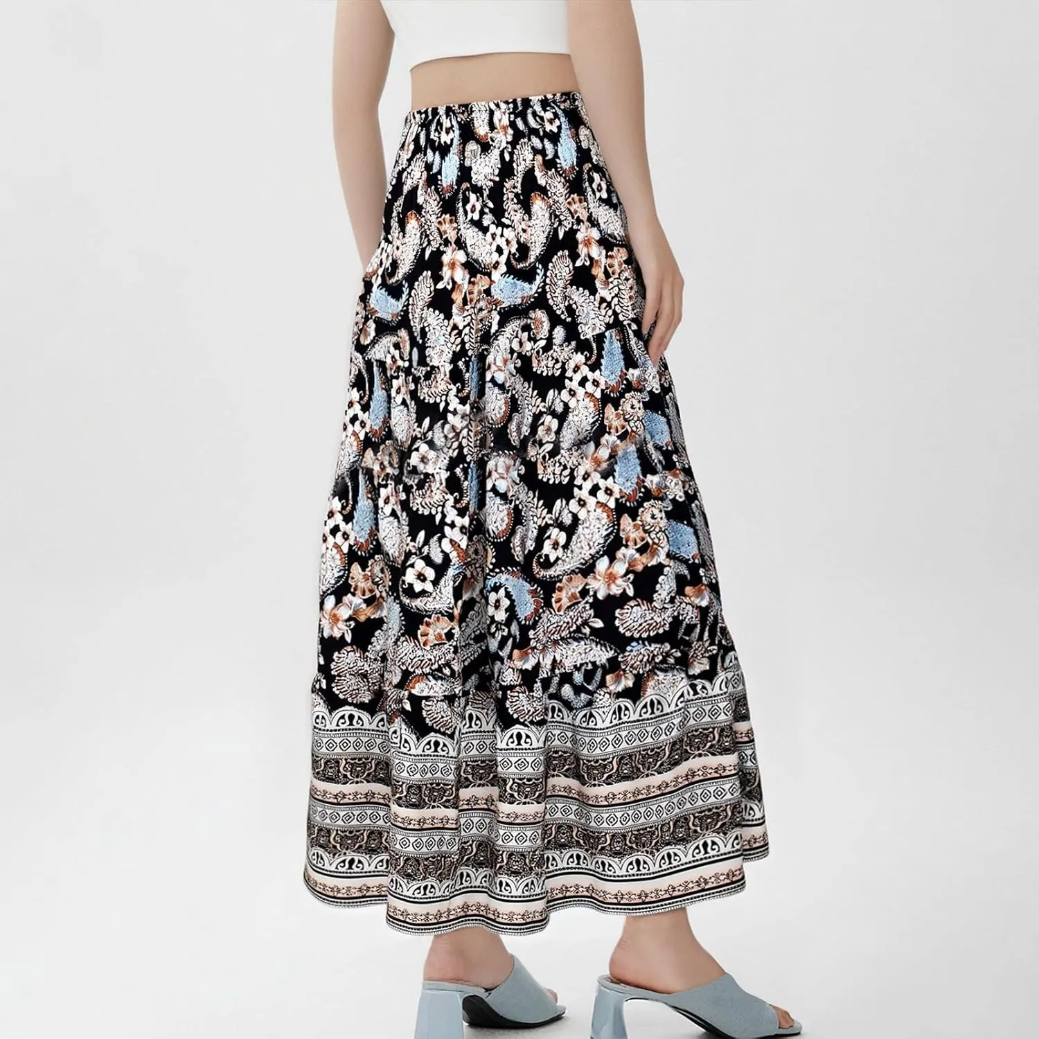 Long Flowy Skirts for Women Floral Boho Maxi Skirt Smocked Elastic High Waisted Skirts Swing A Line Tiered Skirt