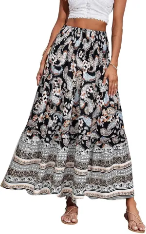Long Flowy Skirts for Women Floral Boho Maxi Skirt Smocked Elastic High Waisted Skirts Swing A Line Tiered Skirt