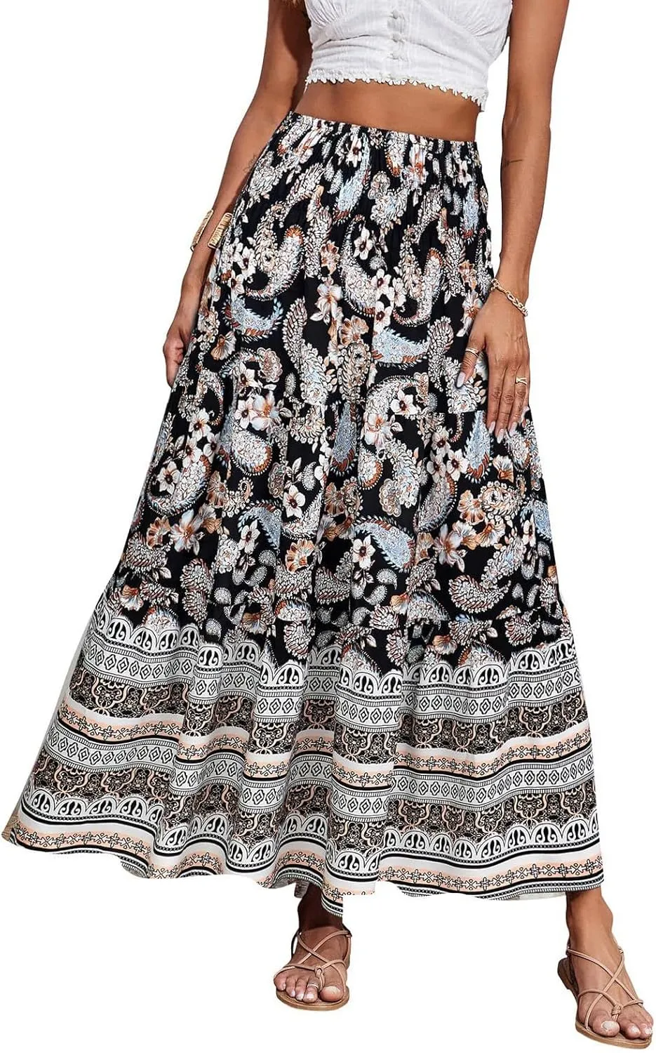 Long Flowy Skirts for Women Floral Boho Maxi Skirt Smocked Elastic High Waisted Skirts Swing A Line Tiered Skirt