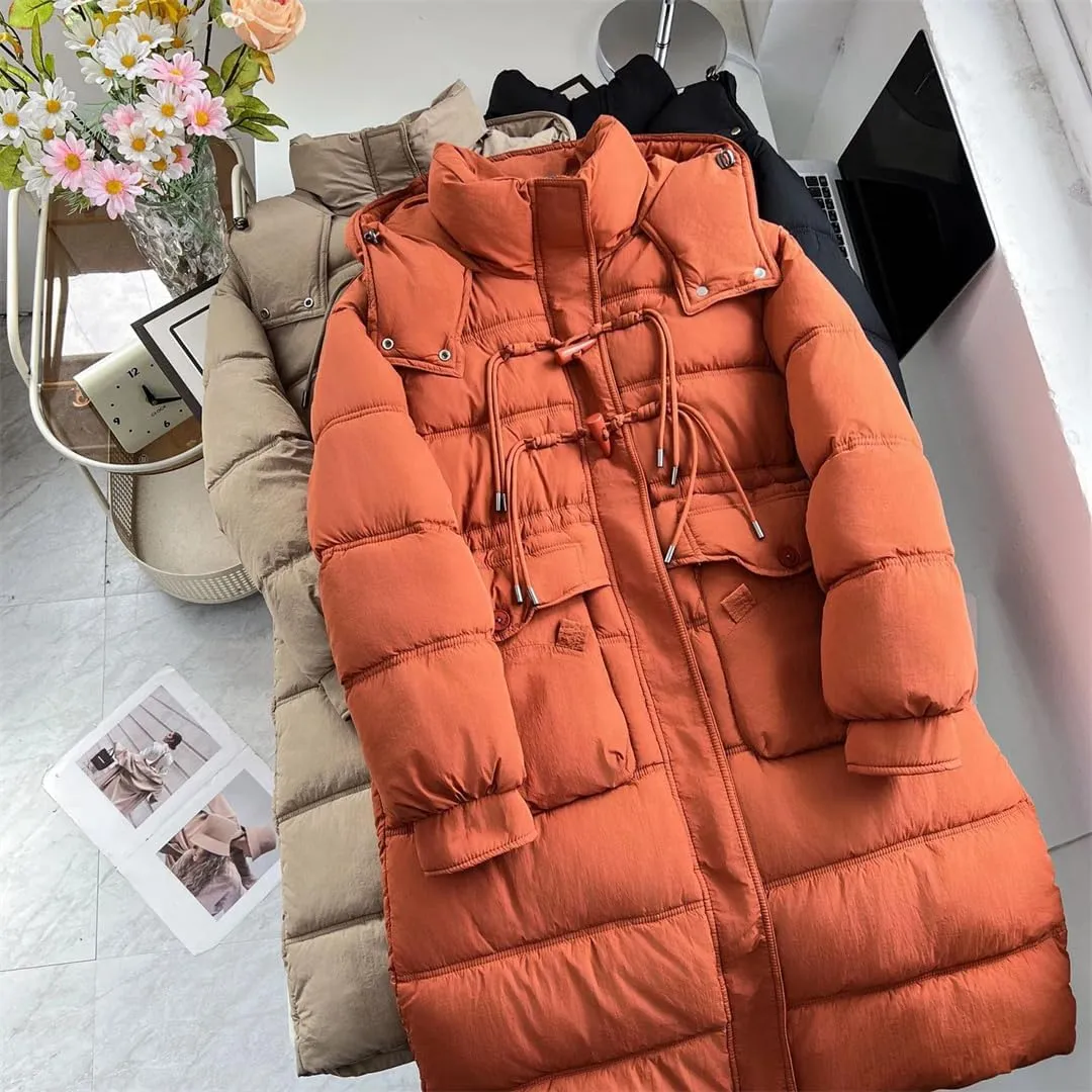 Long Horn Buckle Hooded Cotton-Padded Parka Women's Winter Thicken Warm Zipper Coat