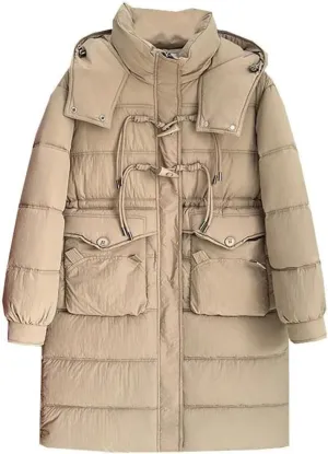Long Horn Buckle Hooded Cotton-Padded Parka Women's Winter Thicken Warm Zipper Coat