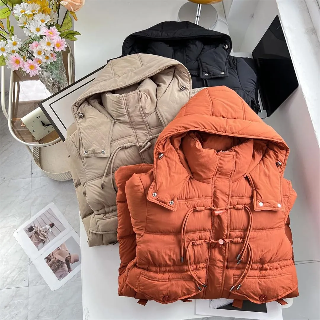 Long Horn Buckle Hooded Cotton-Padded Parka Women's Winter Thicken Warm Zipper Coat