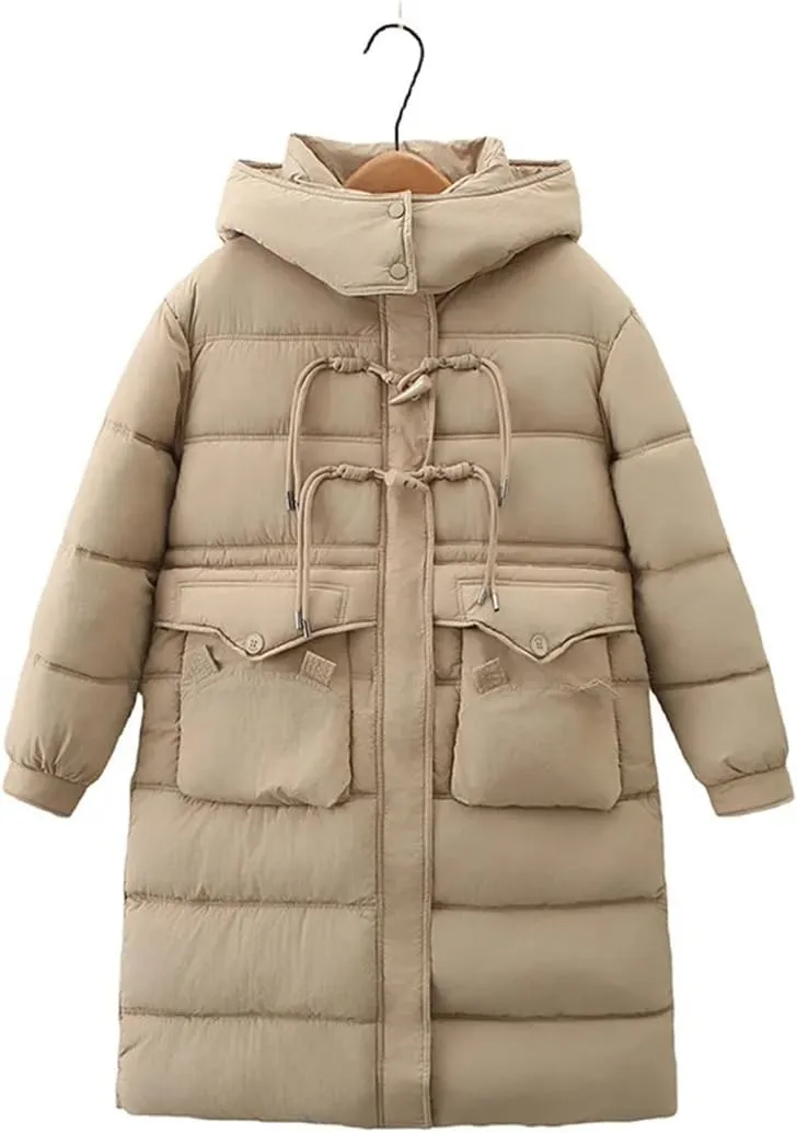 Long Horn Buckle Hooded Cotton-Padded Parka Women's Winter Thicken Warm Zipper Coat