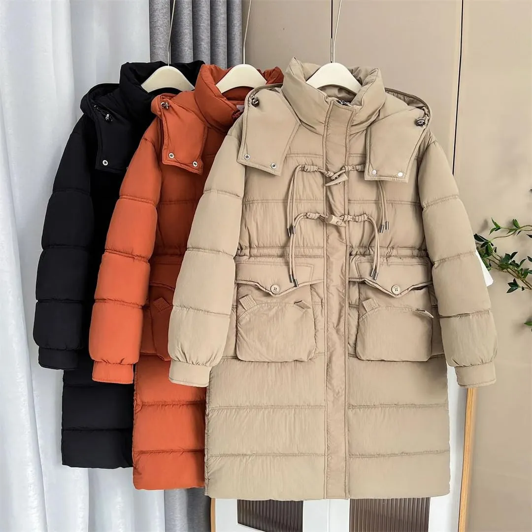 Long Horn Buckle Hooded Cotton-Padded Parka Women's Winter Thicken Warm Zipper Coat