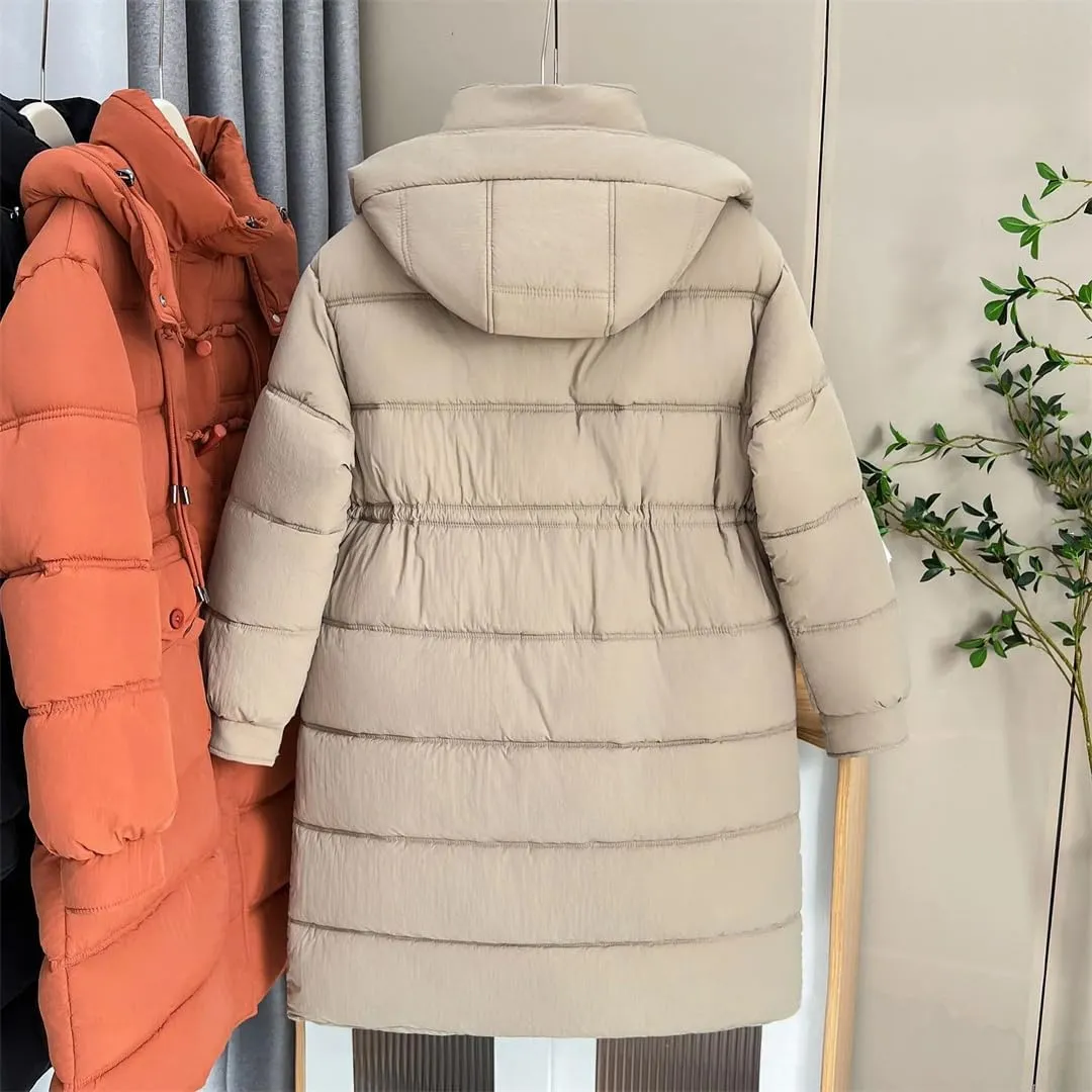 Long Horn Buckle Hooded Cotton-Padded Parka Women's Winter Thicken Warm Zipper Coat