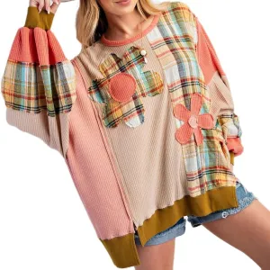 Lordree Women Floral Patchwork Sweatshirt Flower Crewneck Pullover Vintage Color Block Oversized Sweatshirts Streetwear