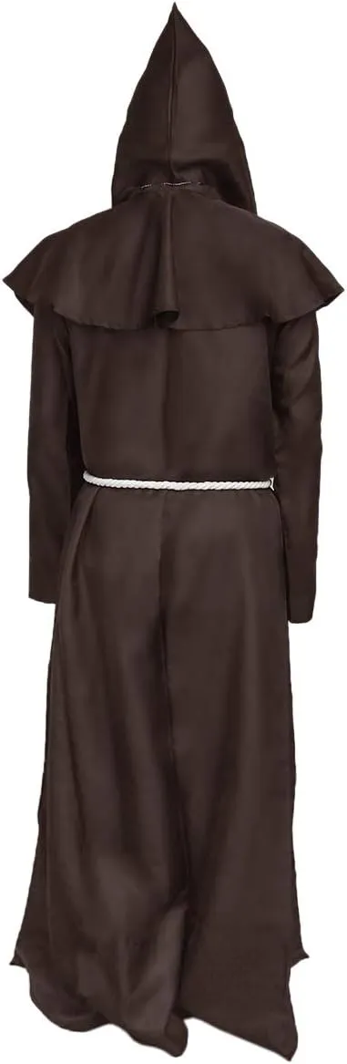 Luojida Medieval Monk Priest Robe Black Hooded Renaissance Friar Cloak Tunic Halloween Cosplay Costume for Men