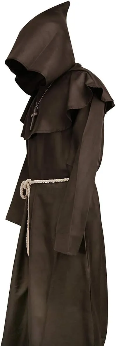 Luojida Medieval Monk Priest Robe Black Hooded Renaissance Friar Cloak Tunic Halloween Cosplay Costume for Men