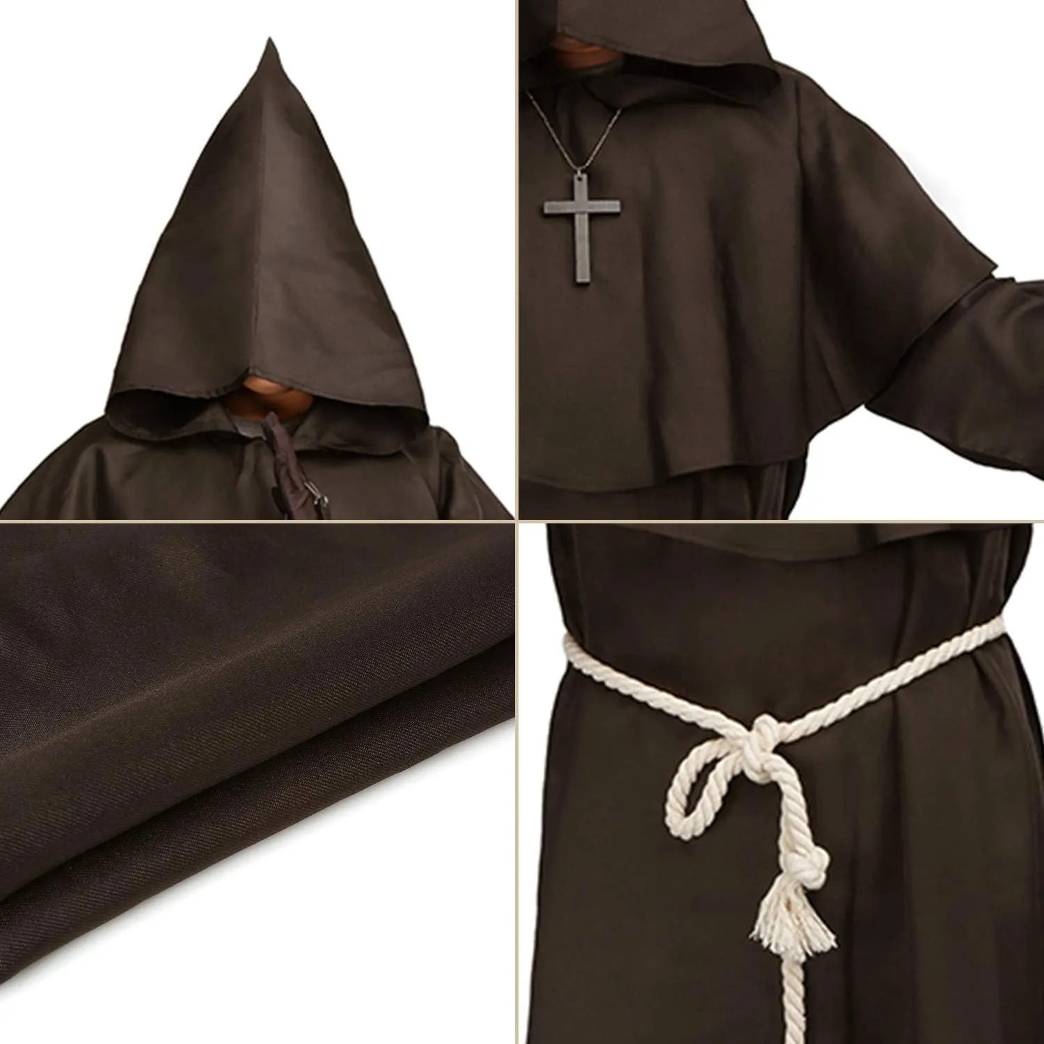 Luojida Medieval Monk Priest Robe Black Hooded Renaissance Friar Cloak Tunic Halloween Cosplay Costume for Men