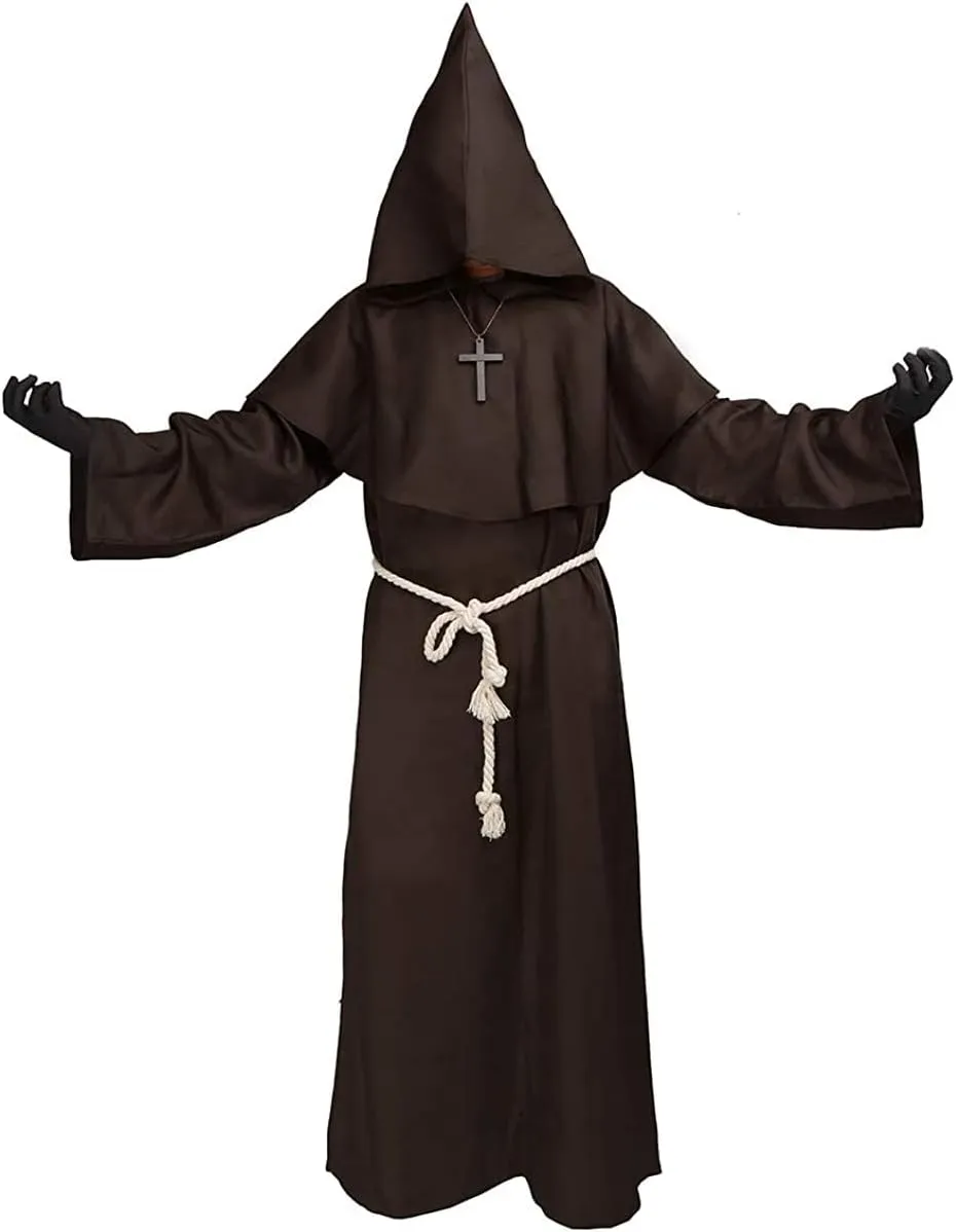 Luojida Medieval Monk Priest Robe Black Hooded Renaissance Friar Cloak Tunic Halloween Cosplay Costume for Men