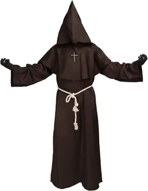 Luojida Medieval Monk Priest Robe Black Hooded Renaissance Friar Cloak Tunic Halloween Cosplay Costume for Men