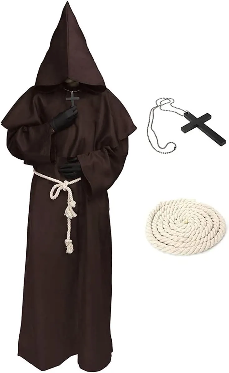 Luojida Medieval Monk Priest Robe Black Hooded Renaissance Friar Cloak Tunic Halloween Cosplay Costume for Men