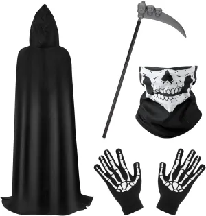 LUTER 4pcs Halloween Grim Reaper Costume Set, Grim Reaper Robe Dementor Adult Accessories Black Cape Hooded Cloak with Skeleton Gloves Mask Scythe Decoration Favors for Party Cosplay